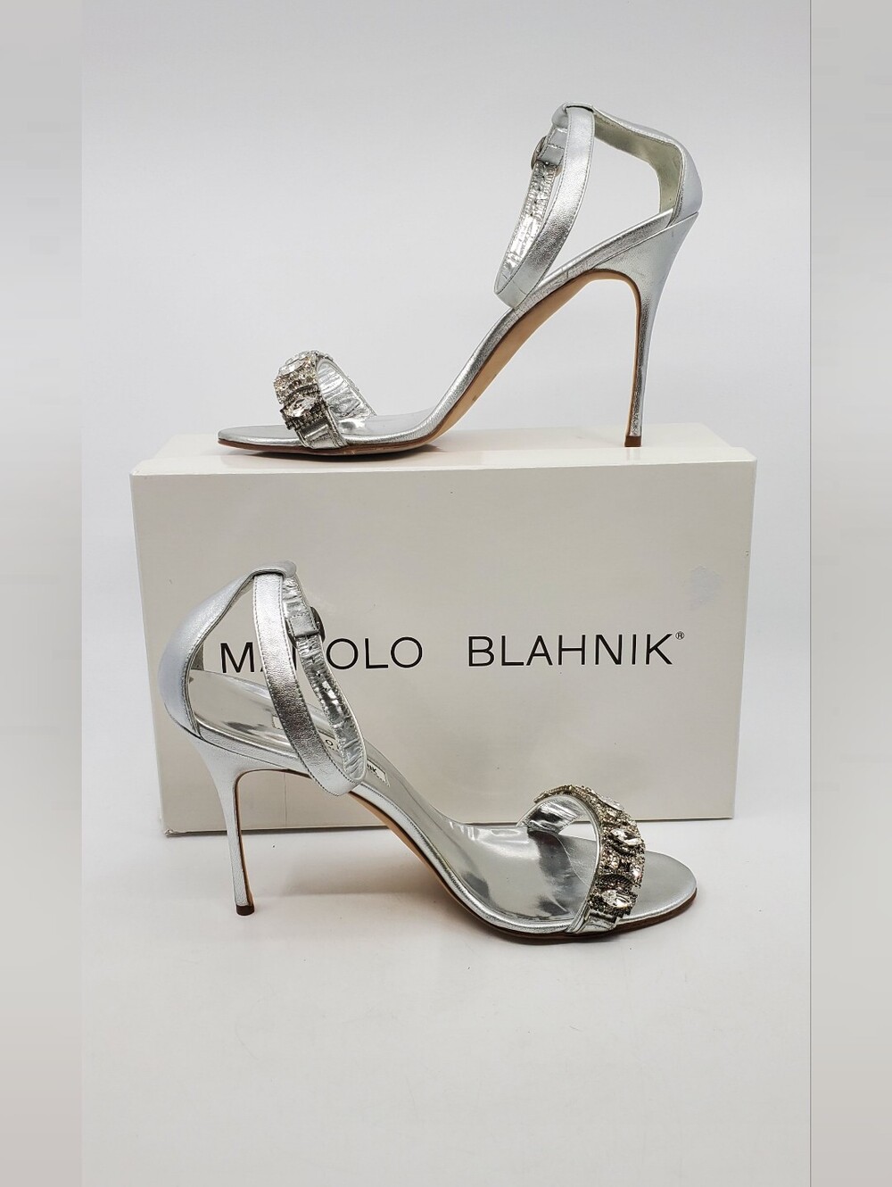 Manolo Blahnik Chamosca 105 Metallic Sandals W/ Crystal